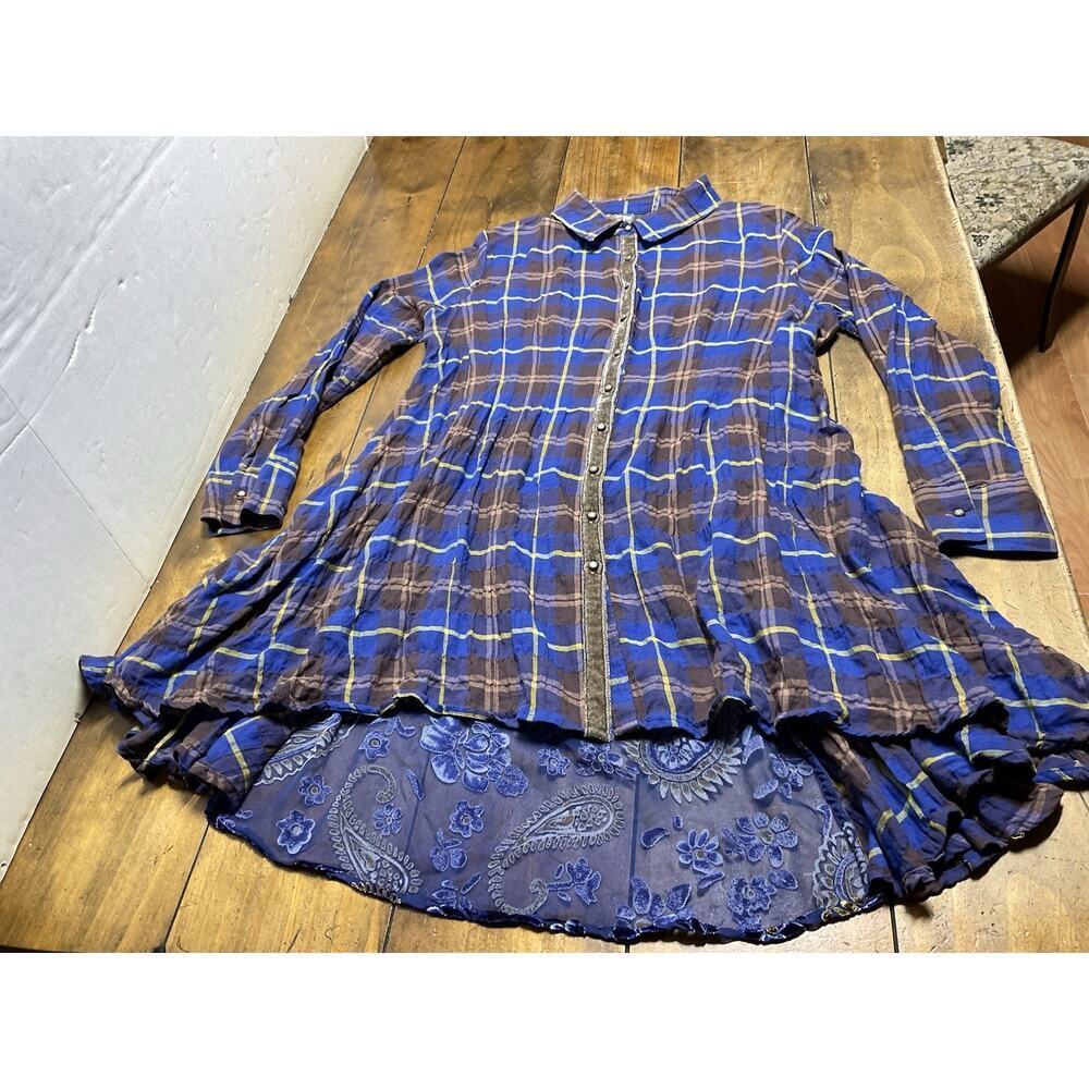 Aratta Silent Women's Large Gourney Beautiful Blue / Brown Plaid Button-Up Tunic